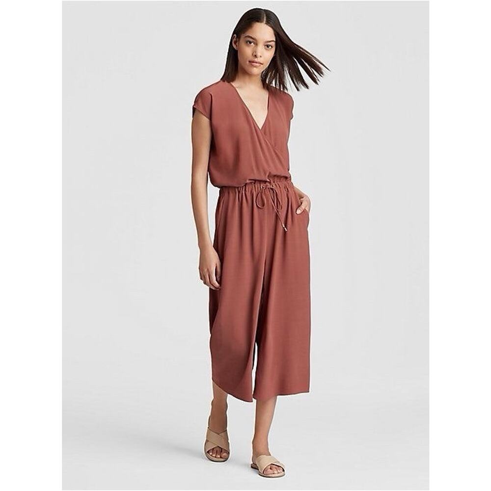 Eileen Fisher Ruset Wide Leg Jumpsuit Tencel Viscose Crepe V-Neck Size Large - Picture 3 of 14